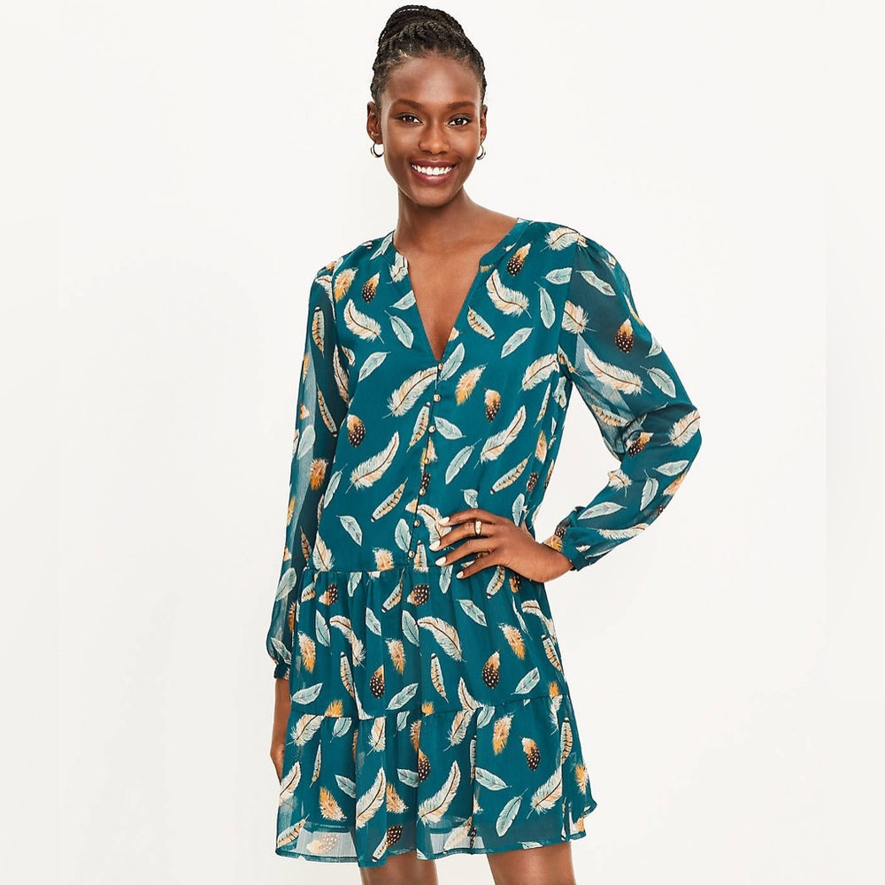 Loft drop waist Teal Feather Print Dress
